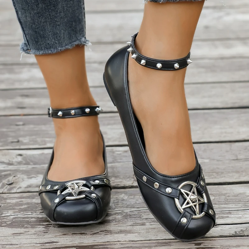 2025 Damen Mary Jane Schuhe Knöchel Schnalle Riemen Flats Leder Nieten Gürtel Metall Stern Gothic Lolita Schuhe Weiche Sohlen Dünne Schuhe