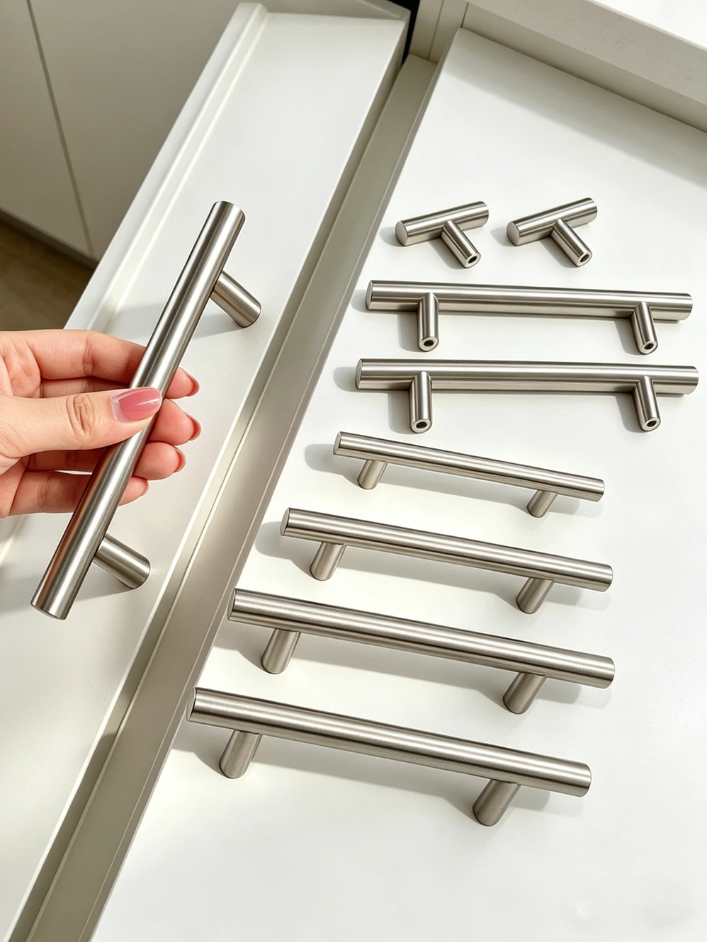 Schranktürgriff Schwarz Silber Möbelgriffe Edelstahl Schubladengriff T-Form Gerade Küche Langer Schrank-Knopf Image