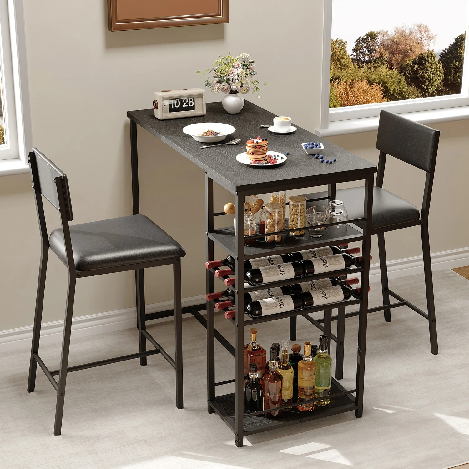 Modernes industrielles 3-teiliges Esstisch-Set für 2 Personen – gepolsterte PU-Stühle – offene Aufbewahrungsregale mit 4 Ebenen – integriertes Weinregal und Getränkehalter – ideal für kleine Küchen, Image