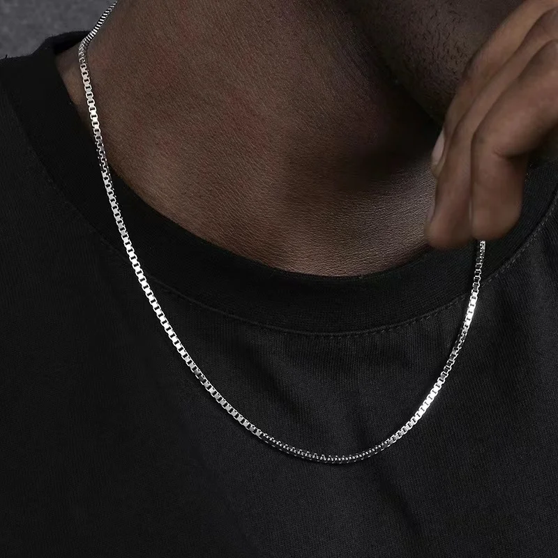 2mm Herren Hip-Hop 925 Sterling Silber Einfache Kette Halskette Schlichte Box-Kette Streetwear Schmuck Damen Mode-Accessoires
