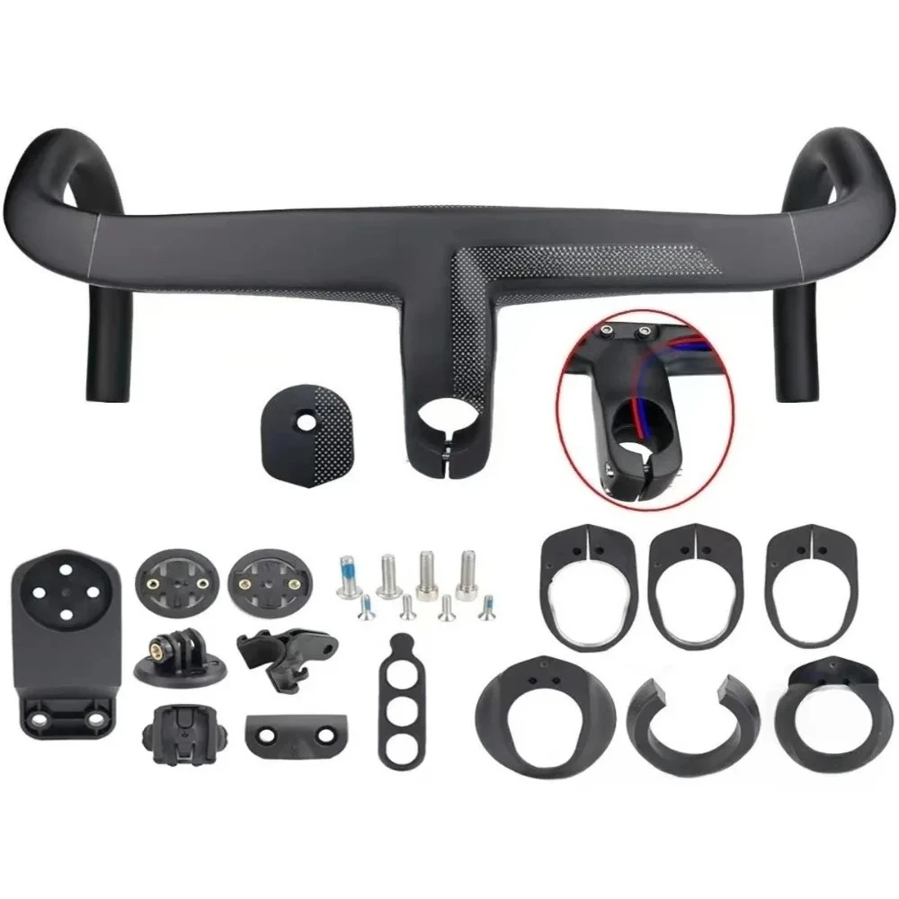 Carbon-Lenker, Rennrad, integrierter Lenker mit Headset-Abstandshaltern, Computer- und Kamerahalterung für 28,6-mm-Gabel, gebogene Stange Image