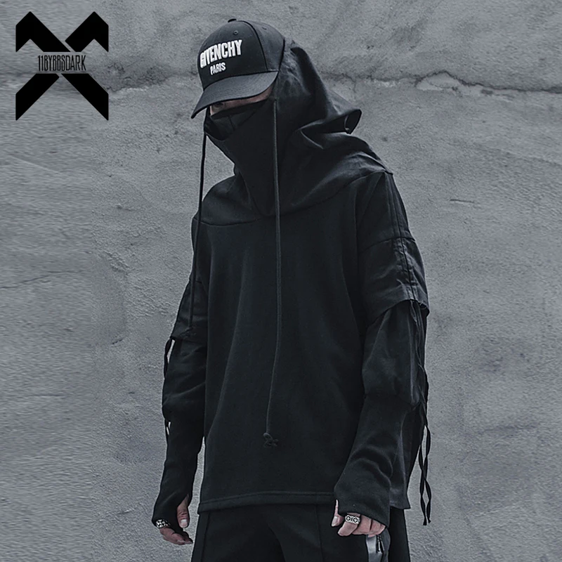 Streetwear Männer Lose Hoodies Hip Hop Batwing Hülse Wizard der Pullover Gefälschte Zwei Darkwear Tops Techwear Sweatshirt Schwarz WB227