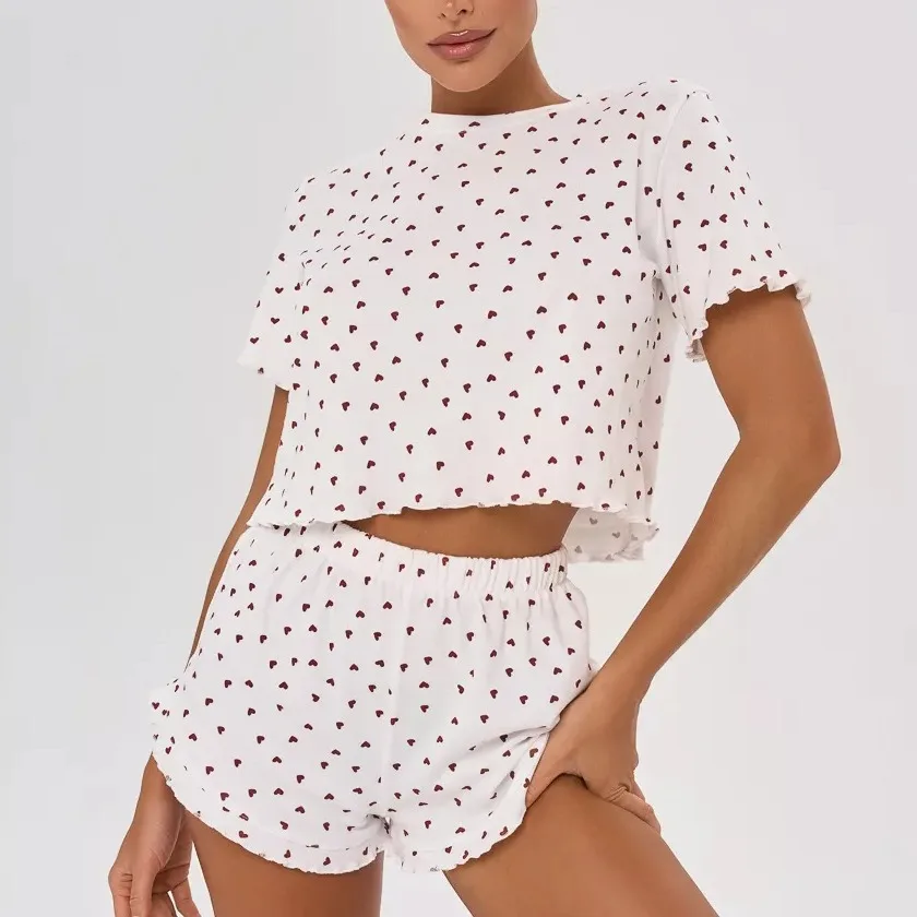 Ensemble pyjama 100% coton pour femmes, imprimé cœur, manches courtes, haut court et Short de salon, deux pièces, vêtements de vacances à domicile, vêtements de nuit féminins