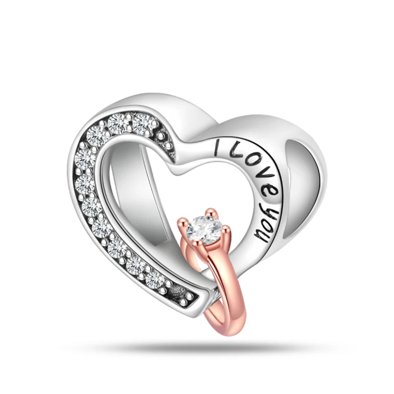925 Sterling Silber Charms Perle CZ Zirkon Zweifarbiges Hohles Herzförmiges Anhänger-Element Passend für Original-Armband DIY Damenschmuck Geschenk