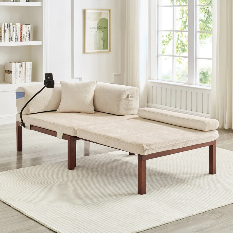 Massivholz-Klappsofa – Multifunktionales Einzelbett mit Ausziehfunktion – BEIGE, Sofa, Couch, Wohnzimmer-Sofa, gepolsterte Sitzfläche, bequem & langlebig, einfache Montage
