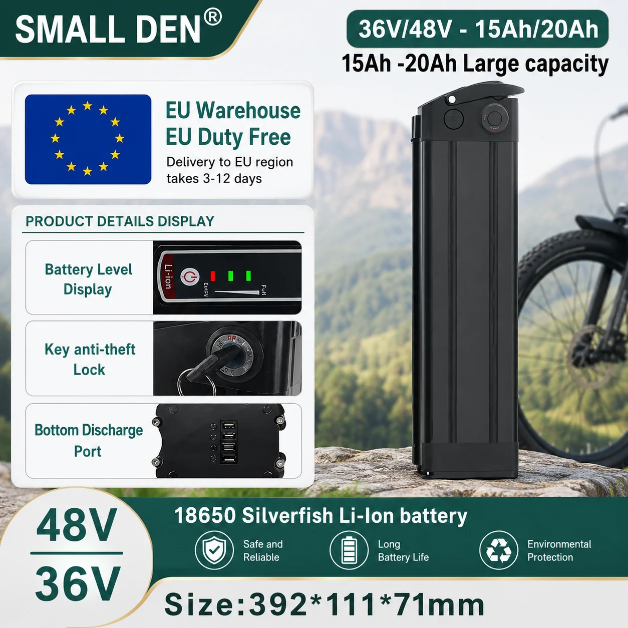 36V 48V 15Ah 20Ah Neue Silver Fish Lithium-Batterie mit abwärts gerichtetem Ausgang, XT60-Anschluss, integriertes 30A Ausgleichs-BMS, geeignet für den Einsatz in Elektrofahrrädern von 0-1500W. und 2A Image