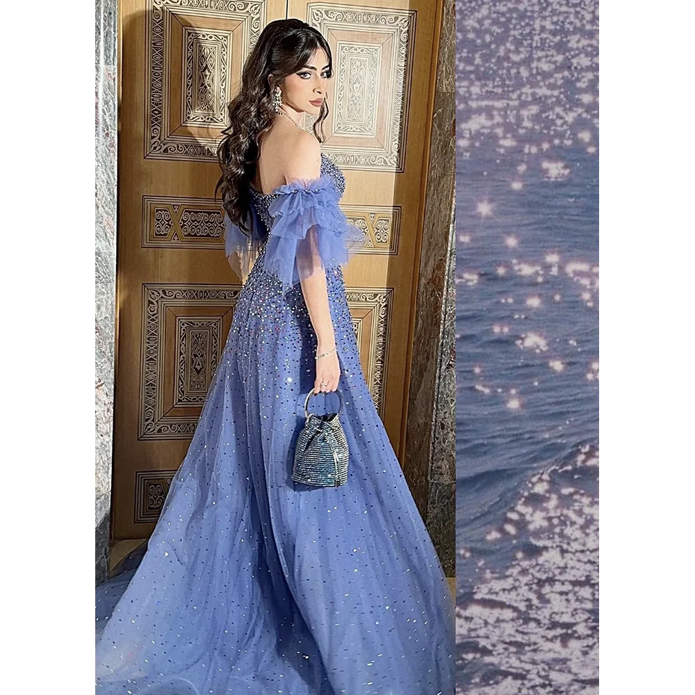 Saudi-Arabien Abendkleid Blaue Ballkleider Funkelnde Perlenstickerei Sweetheart-Ausschnitt Reißverschluss am Rücken Schleppe Formelle Partykleider Image
