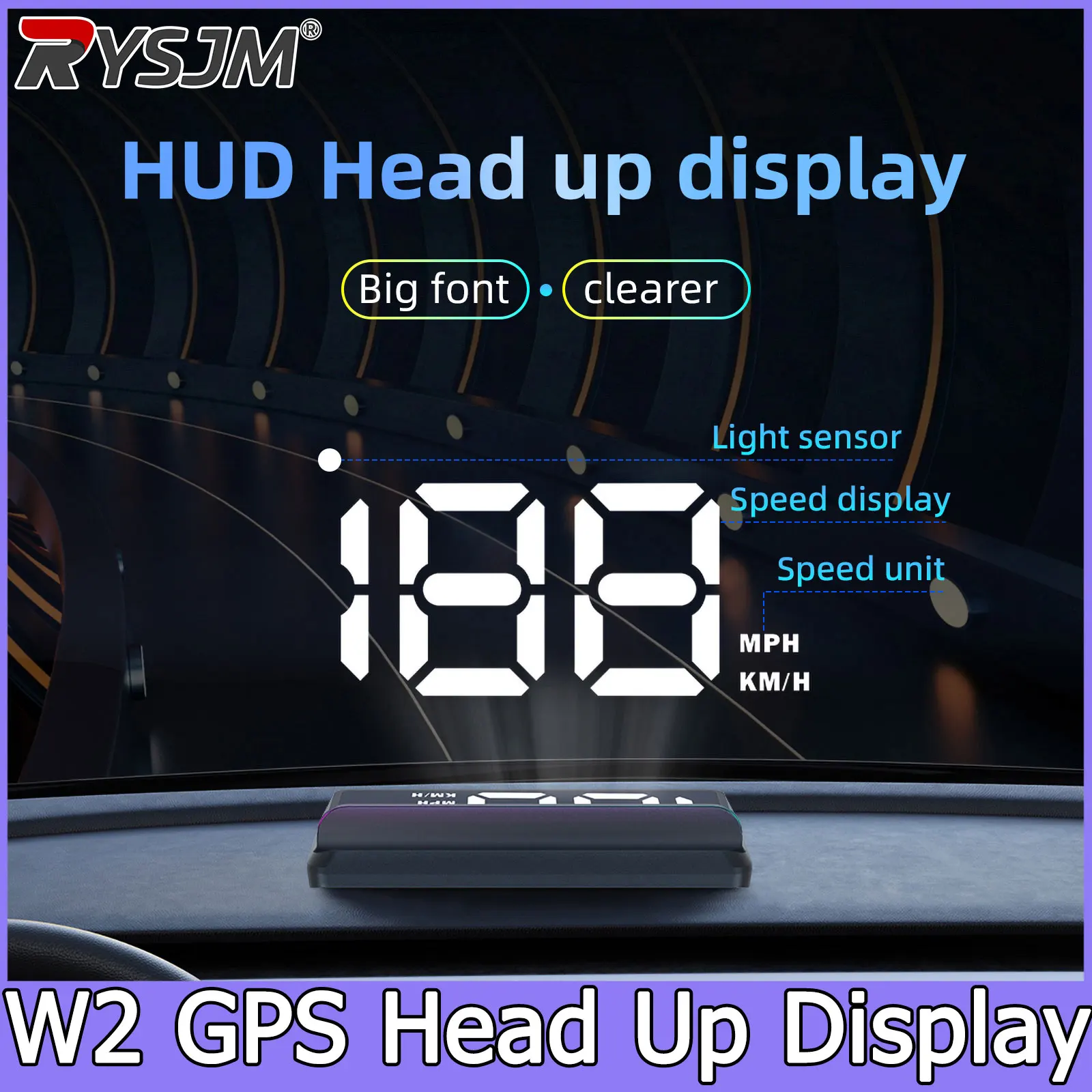 W2 GPS HUD Head Up Display Universal Car Supplies Speedometer KM/H MPH Type-c USB Cable Dual Data Plug and Play Intelligent Disp