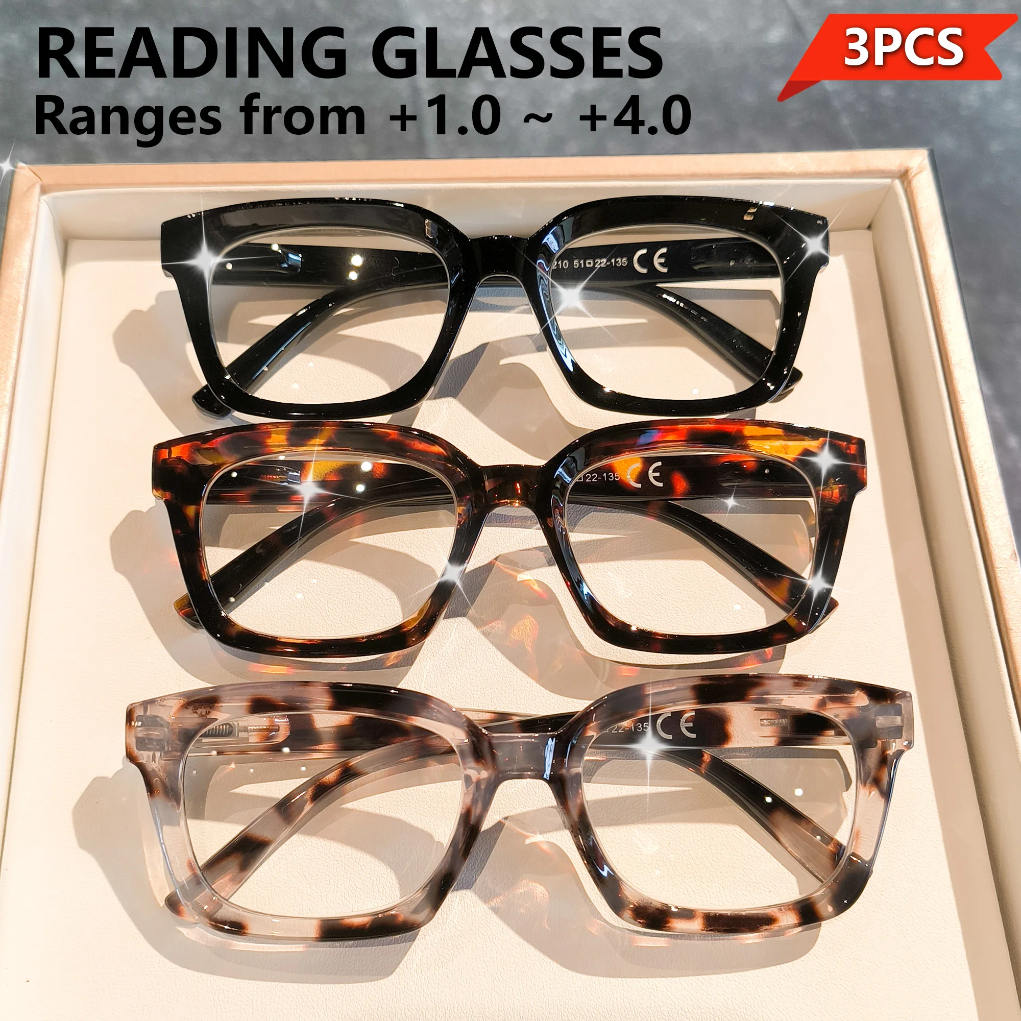 3 Stück Lesebrille, Anti-Blau, Presbyopie-Brille, Komfort, modische Qualitätsleser für Damen und Herren, quadratische Rahmenbrille Image