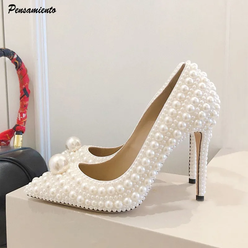 Luxus Alle Perals Dekoration Weiß Frauen Pumpen Mode Frühling Herbst Elegante 11CM Dünne High Heels Hochzeit Braut Prom Schuhe