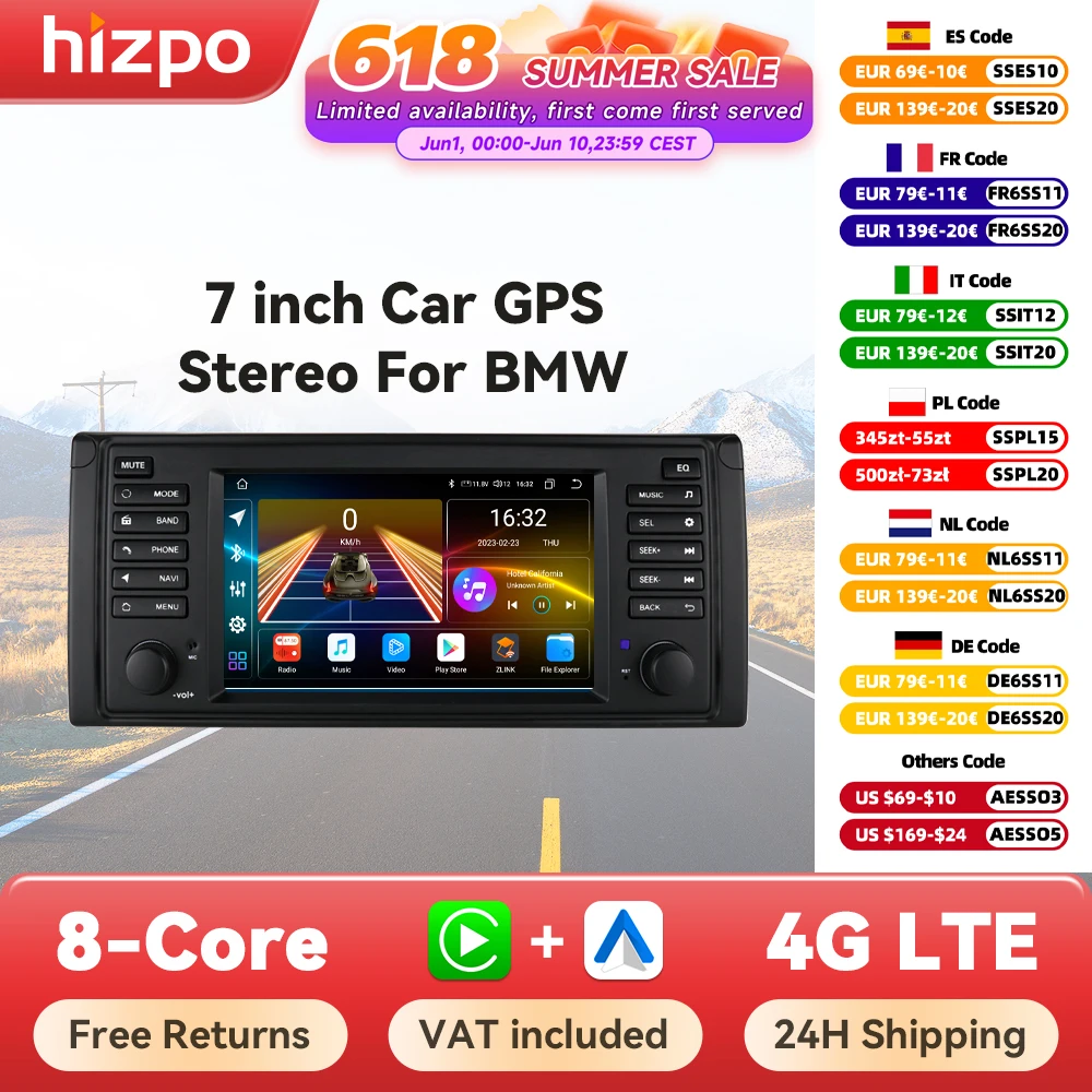 Hizpo Auto-Intelligente Systeme für BMW 5er E39 X5 E53 M5 1996–2003 Multimedia 2din Autoradio Android 13 Auto Carplay 7862 4G Image