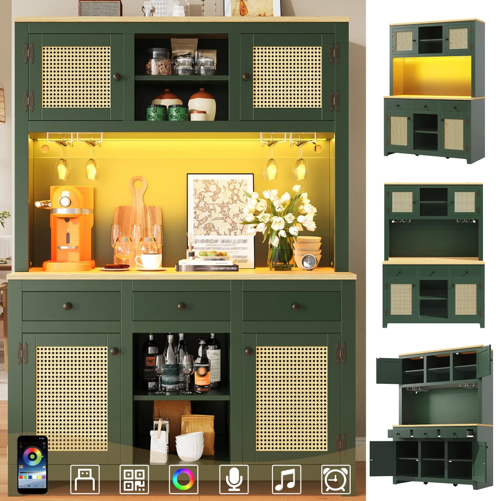 160x60x35cm LED-beleuchteter hoher Aufbewahrungsschrank aus PE-Rattan mit Kippschutz, verstellbaren Regalen und Schubladen – Vintage großer Organizer-Schrank für Zuhause, Küche, Wohnzimmer, Esszimmer, Image