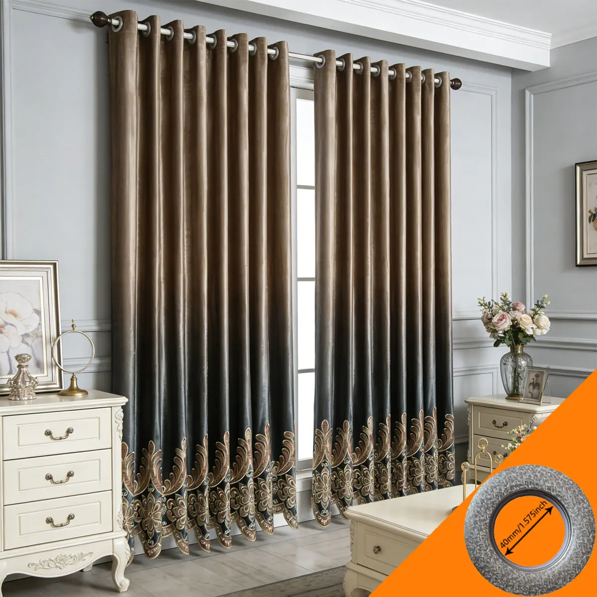 2 Stück Luxuriöse Farbverlauf-Vorhänge aus Samt, Europäische Bestickte Verdunkelungsvorhänge mit Ösen für Wohnzimmer und Schlafzimmer Image