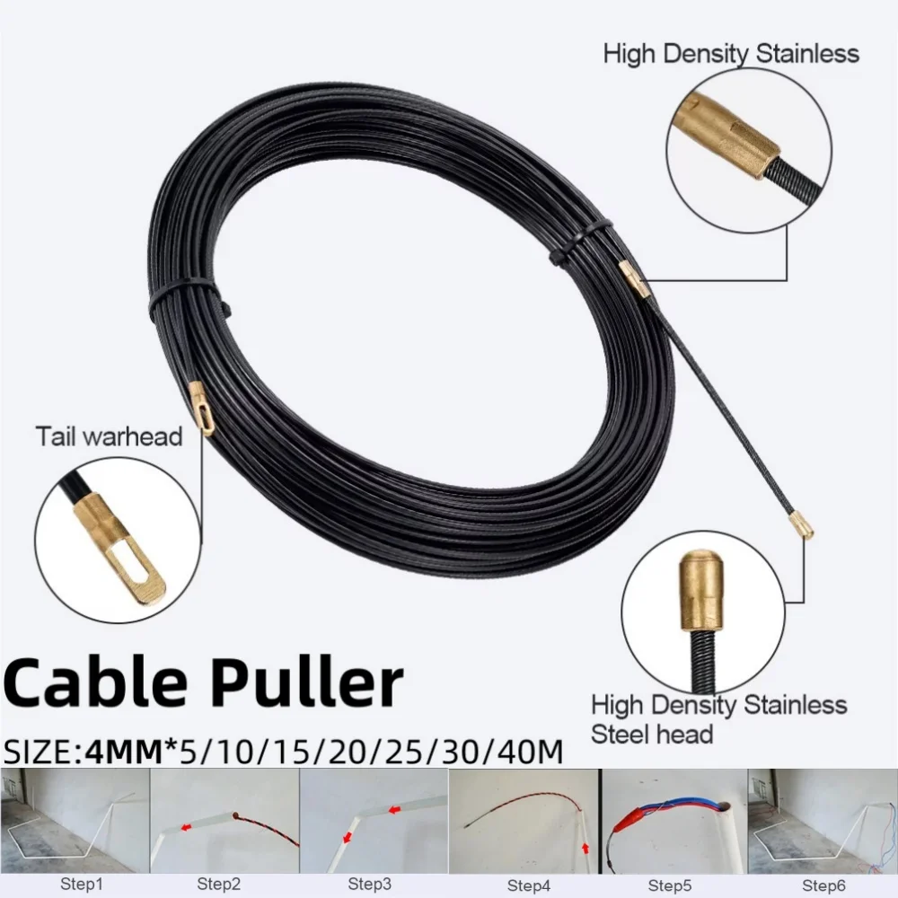 4mm 5M-40M Kabel Puller Guide Push Puller Nylon Wand Draht Blei Elektriker Frühling Band Leitung Einfädler Puller Verdrahtung Hilfe Werkzeug Image