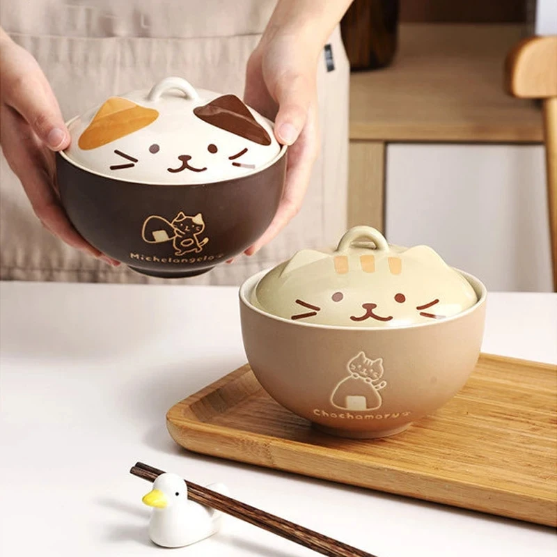 Japanese Creative Ceramic Soup Bowl Cute Cartoon Animals with Lid Cat Bowl Household Instant Noodles Bowl Rice Bowl Tableware