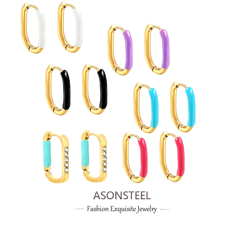 ASONSTEEL Bunte C/U-förmige Creolen Huggies Ohrschnalle Emaille Glasur vergoldet Anti-Allergie Damen Schmuck Partygeschenke Image