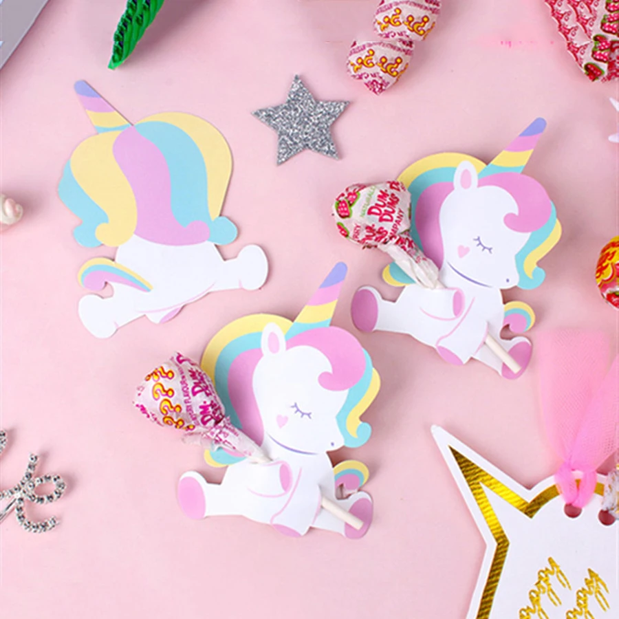 50 teil/satz Einhorn Lutscher Einhorn Party Dekorationen Kinder Dekoration Karten Süßigkeiten Gefälligkeiten Dekor für Gast Baby Geburtstag Liefert Image