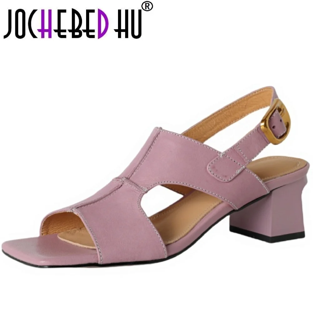 【JOCHEBED HU】Handgefertigte Freizeit- und Komfortsandalen aus echtem Leder für Damen, quadratische Zehenpartie, Damen-Freizeitschuhe mit mittelhohem Absatz, Größe 33–40