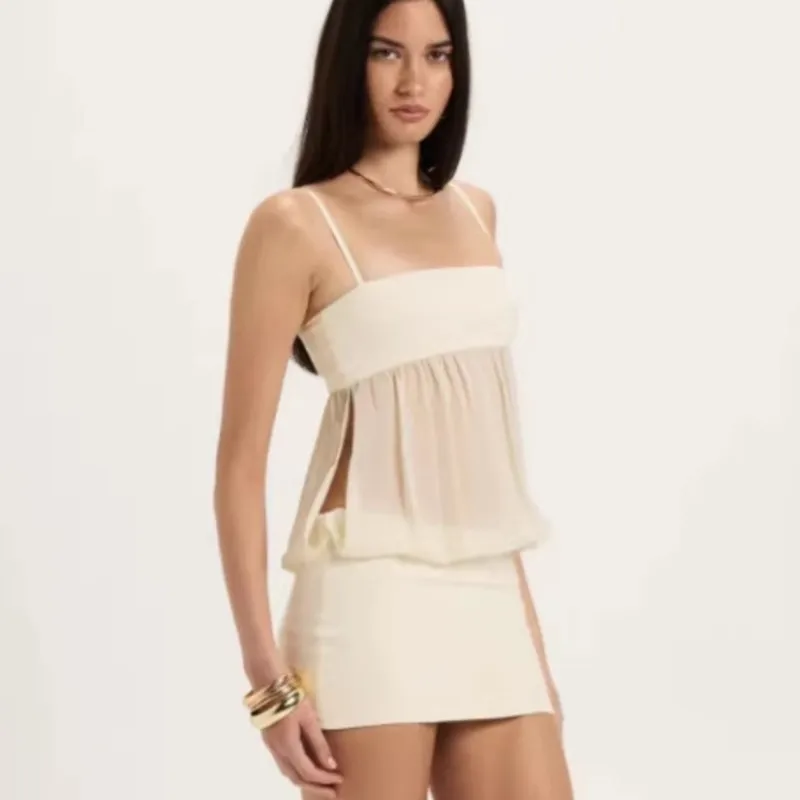 Durchsichtiges, plissiertes Kleid mit Spaghettiträgern für Damen, sexy, einfarbig, mit quadratischem Ausschnitt, ärmellos, rückenfrei, schmal geschnitten, Streetwear Image