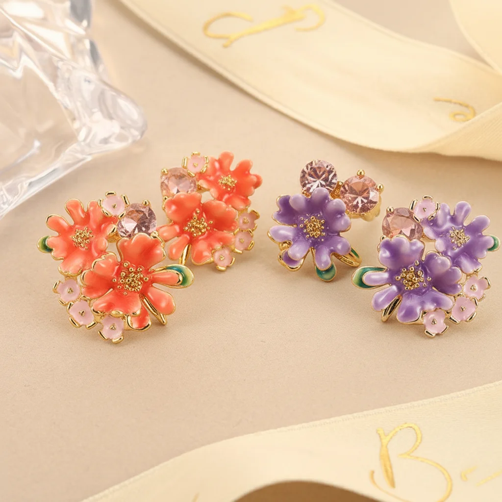 Bunte Emaille-Blumen-Ohrstecker, rosa und lila Blütencluster, Zirkon-Schmuck für Frauen und Mädchen, täglicher Ohrschmuck, einzigartiges Geschenk Image