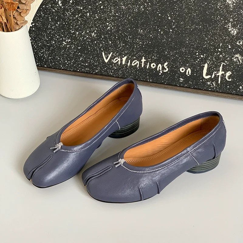 Nouveau cuir véritable Tabi chaussures femmes bout fendu pompes femme talons hauts femme gros talons ronds cochon sabot chaussures femme chaussure femme