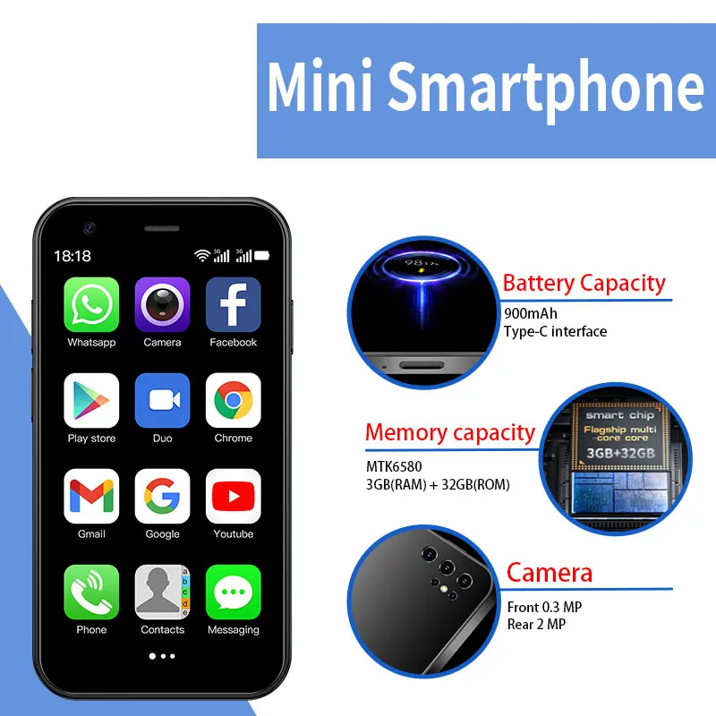 Mini Android Phone 3-inch 3+32GB Dual SIM Smartphone, Portable Small Phone with Google Play Store, Compact Gift Phone