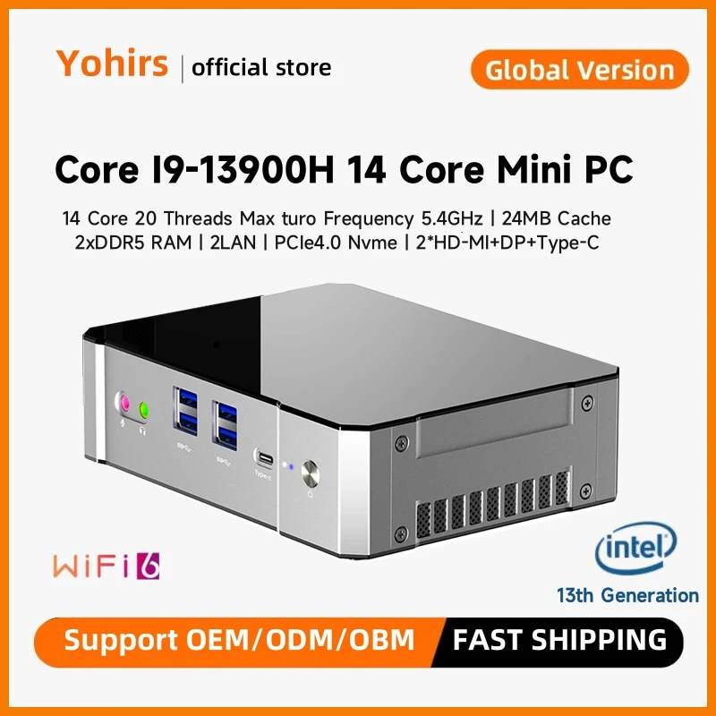Yohirs 13th Gen i9 13900H i7 13700H mini PC Gaming Computer Thunderbolt 4 DDR5 M.2 NVME 2*2.5G LAN desktop 4*4K HD2.0 DP WiFi6