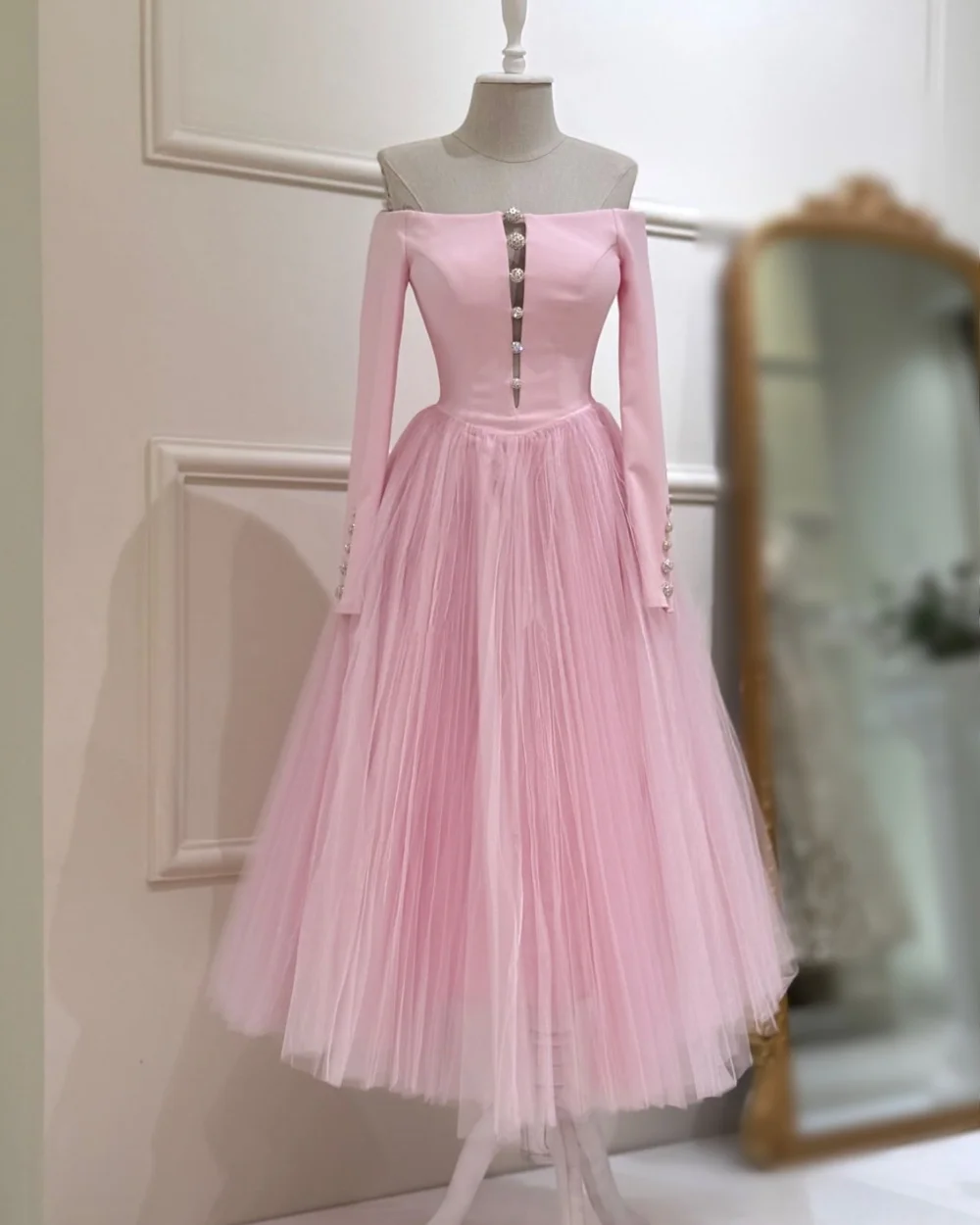 Customized Net Button Off-the-shoulder A-line Midi Dresses Bespoke Occasion Exquisite Fashion Formal Evening