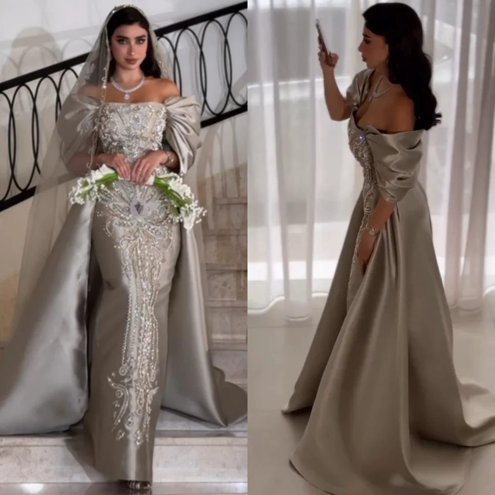 Customized Sizes Available Charmeuse Sequined Pleat Straight Off-the-shoulder Long Dresses Bespoke Occasion Retro