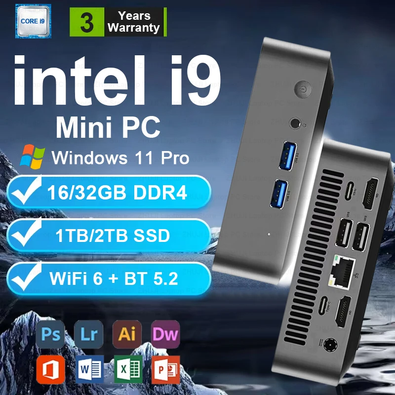 MINI PC Windows 11 Intel Core i9 10980HK i3 6100U DDR4 16GB 32GB SSD 1TB 2TB Computer Gaming BT5.2 Portable Desktop PC Gamer