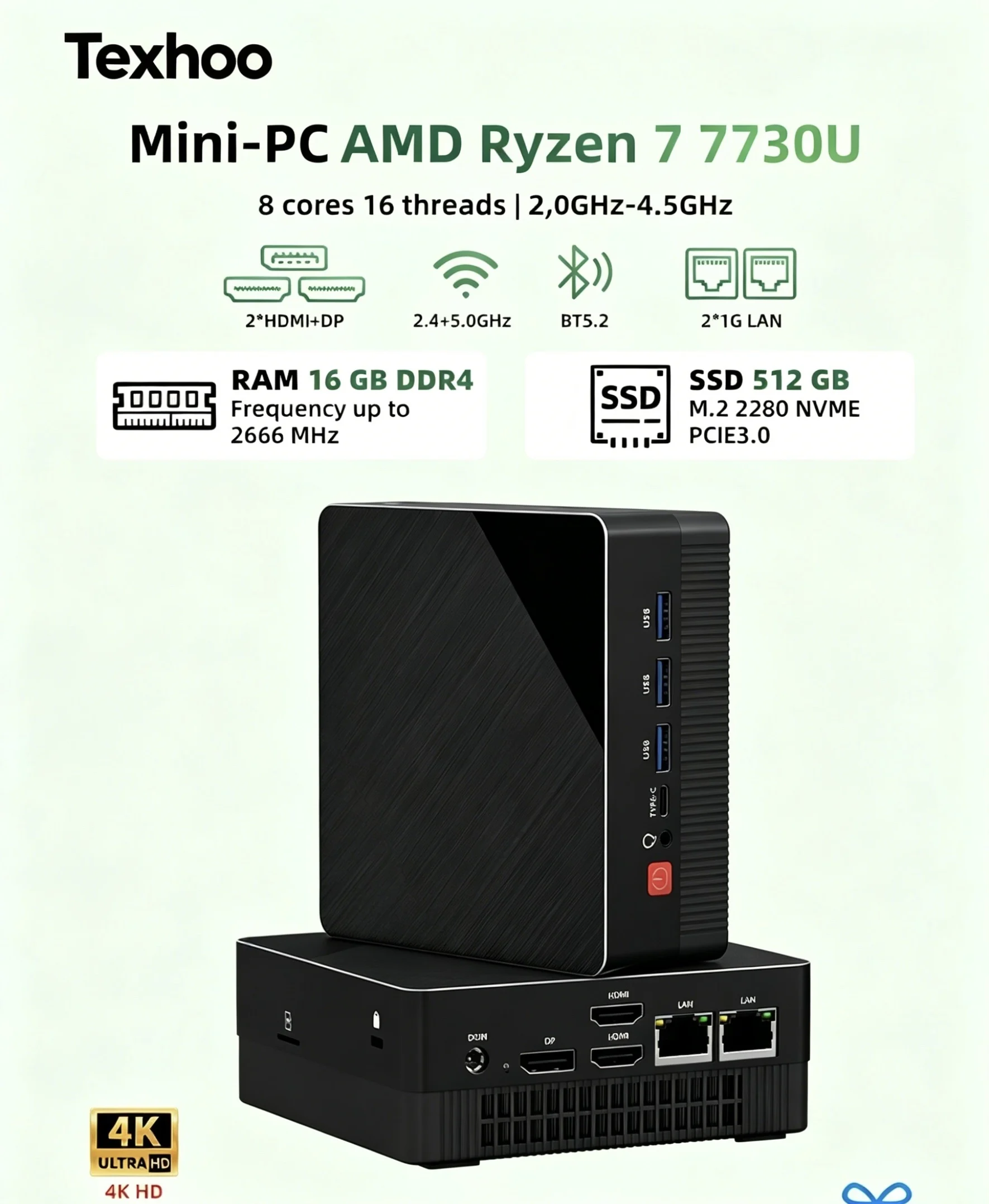 Texhoo MINI PC AMD Ryzen 7 7730U Windows 11 8G DDR4 2666MHz 256G M.2 2280 NVME WIFI6 BT5.2 Desktop Computer Office Compute