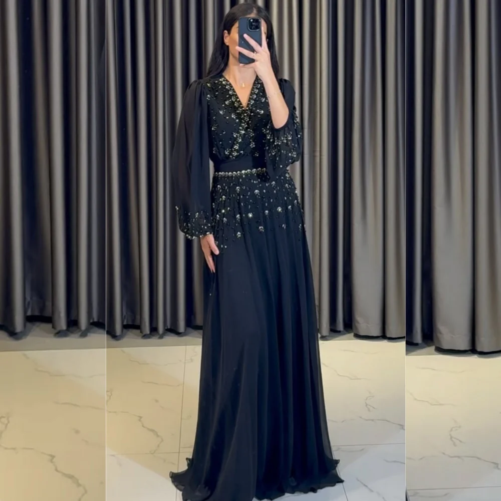 Customized Sparkle Net Sequined Pleat A-line V-neck Long Dresses Bespoke Occasion Chinese Style Intricate
