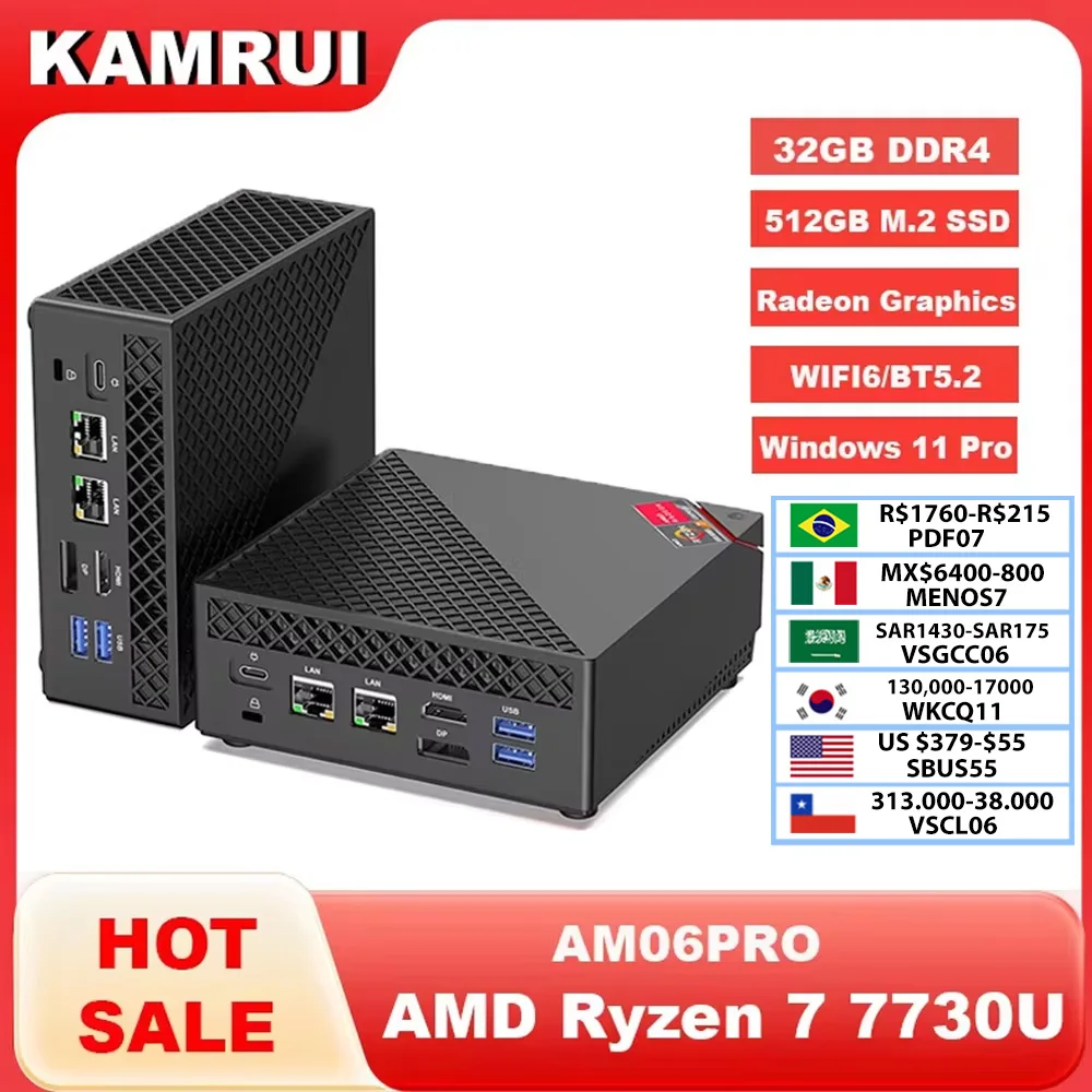 KAMRUI MINI PC R7 7730U Dual Channel 32GB DDR4 512GB SSD Win11pro WiFi6 BT5.2 Triple 4K Display Desktop Computer for Office Home