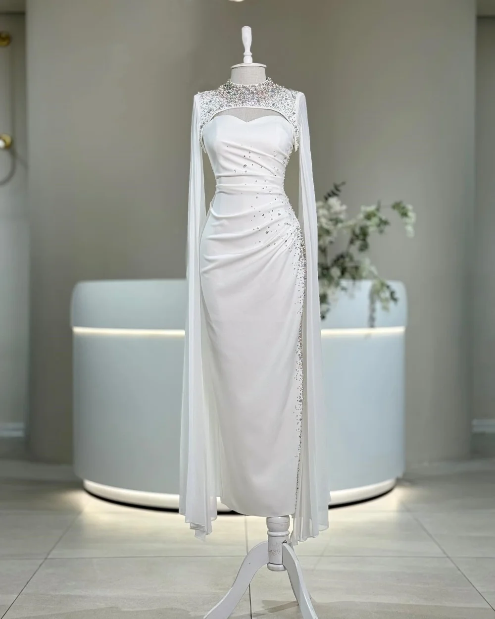Customized Jersey Sequined Beading High Collar Sheath Midi Dresses Bespoke Occasion Prom Elegant Fashion Sizes Available