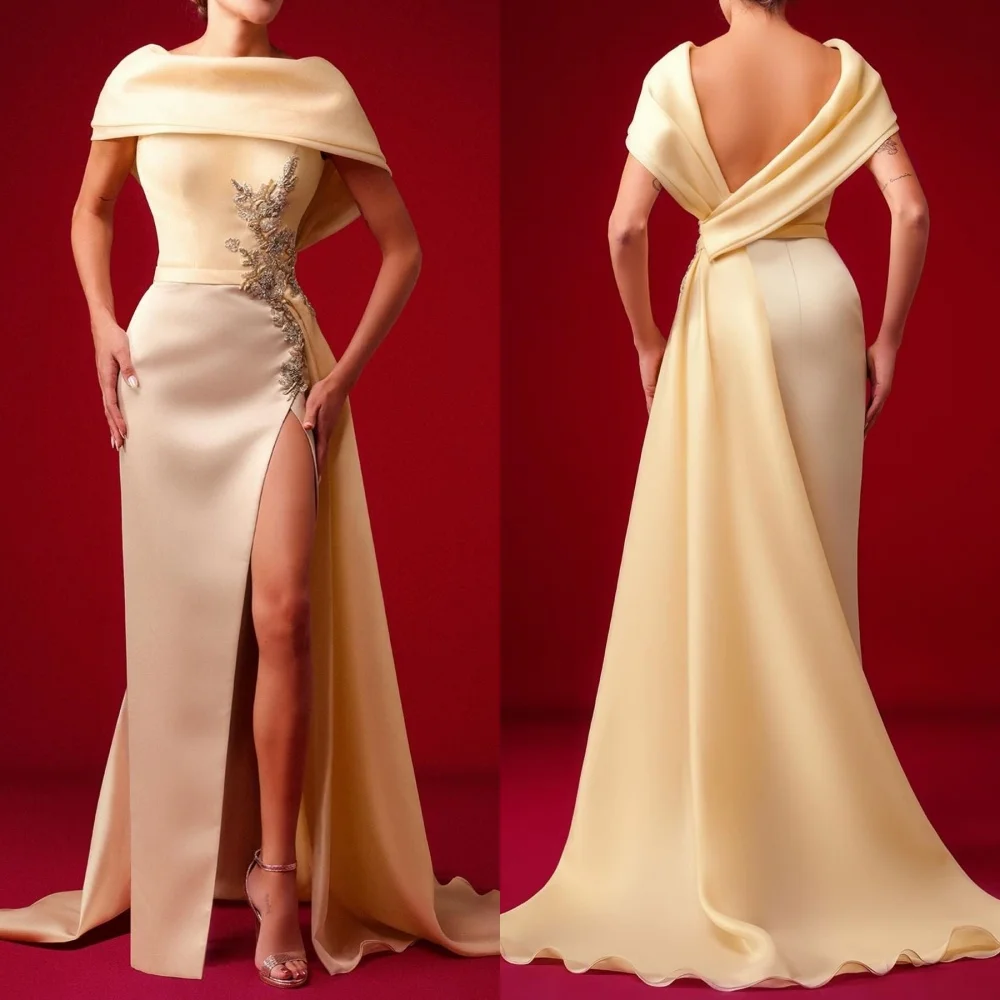 Customized High Quality Charmeuse Sequined Pleat Straight Scoop Neck Long Dresses Bespoke Occasion Simple