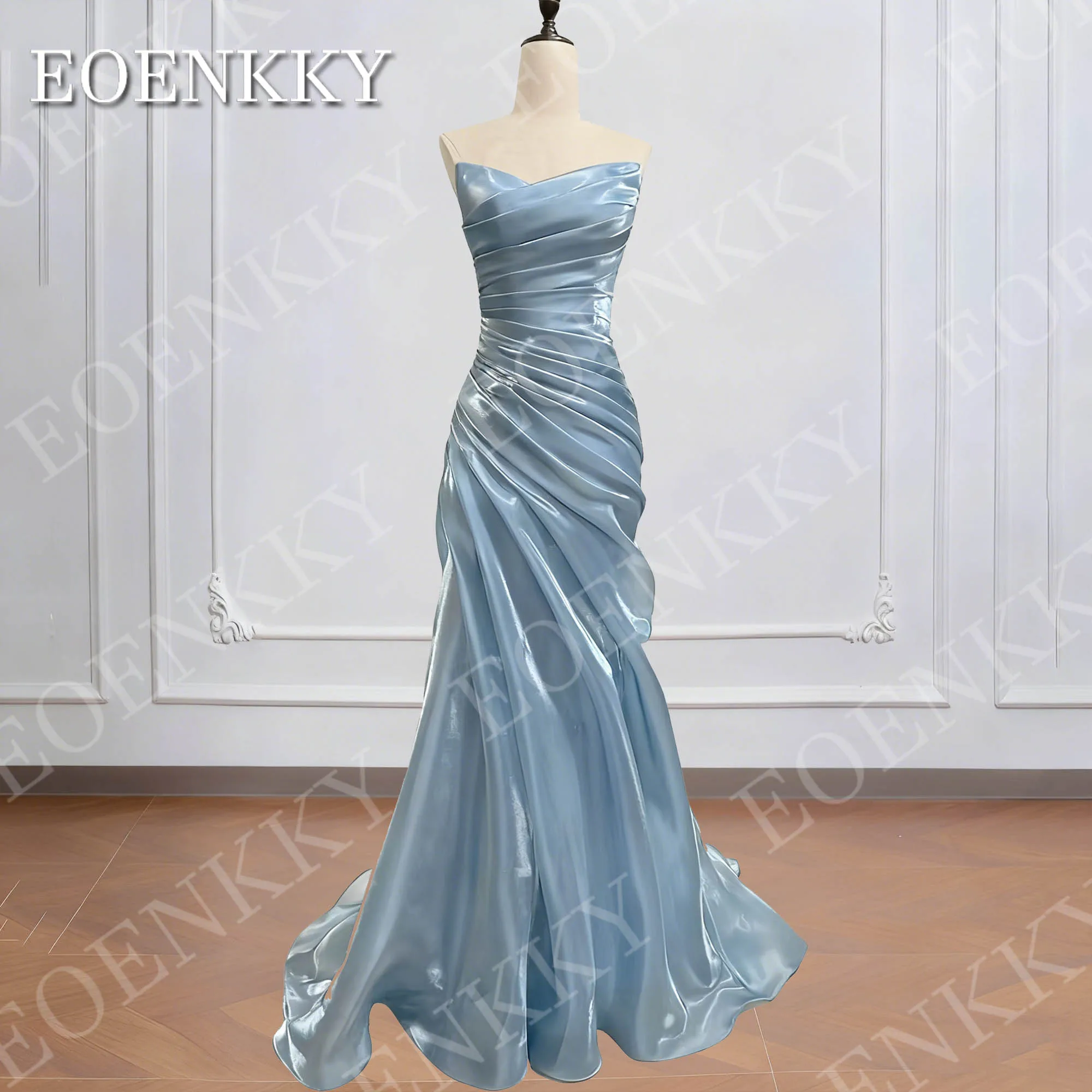 EOENKKY Prom Dress Mermaid Strapless Elegant Light Blue Satin Pleats Celebrity Dresses V Neck Customized платье на выпускной