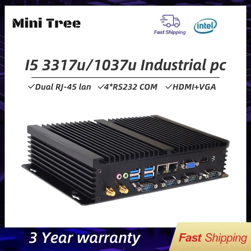 Fanless Industrial Mini Computer 4xRS232 COM 2xLAN Core i5-3317U Celeron 1037U 8GB DDR3 128GB SSD Office Desktop Mini PC HD VGA