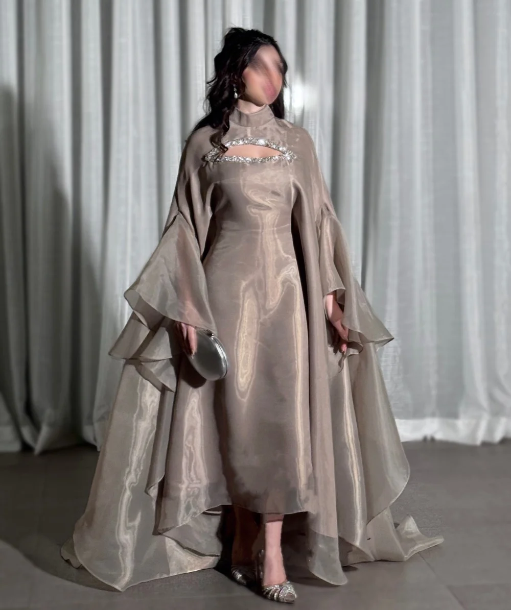 Customized Organza Sequined Ruched High Collar A-line Hi-Lo Dresses Bespoke Occasion Exquisite Formal Evening