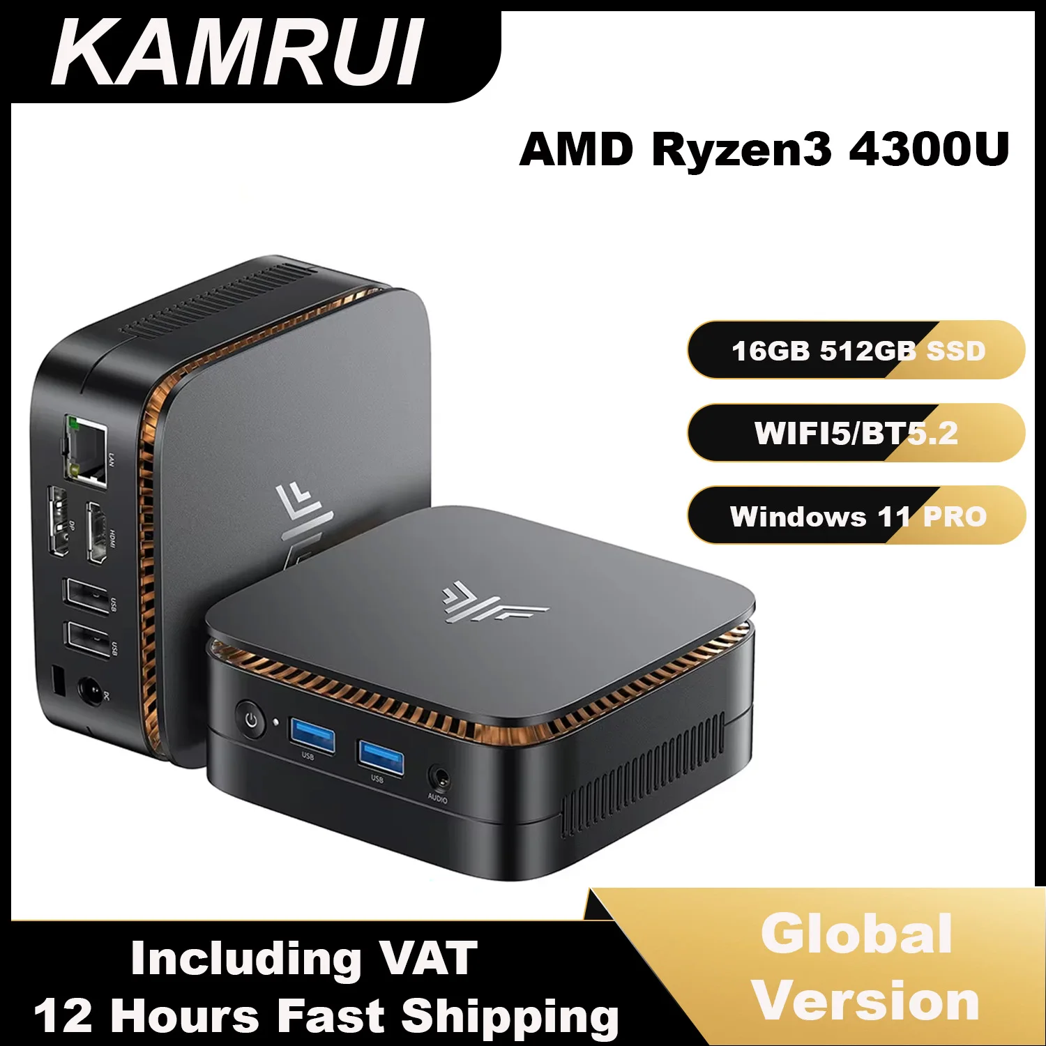 KAMRUI MINI PC R3 4300U 16GB LPDDR4 512GB SSD Mini Desktop Computer Win11pro WIFI5 2.5GLAN 4K Display for Office Business Home