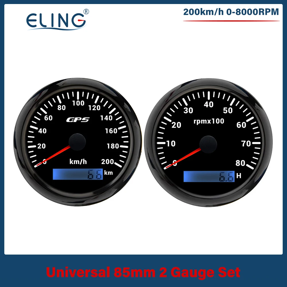 ELING 85mm GPS Speedometer Odometer 30 60 120 200 KM/H 3K 4K 6K 8K RPM Tachometer with 7 Colors Backlight for Car VAN