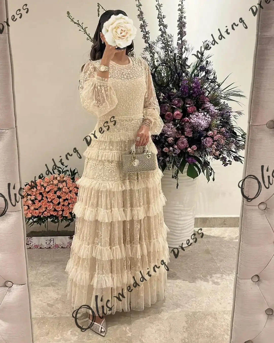 Customized Long Sleeves Prom Dresses O-Neck Lace Floor Length Pleated Party Dresses Evening Dresses 2025