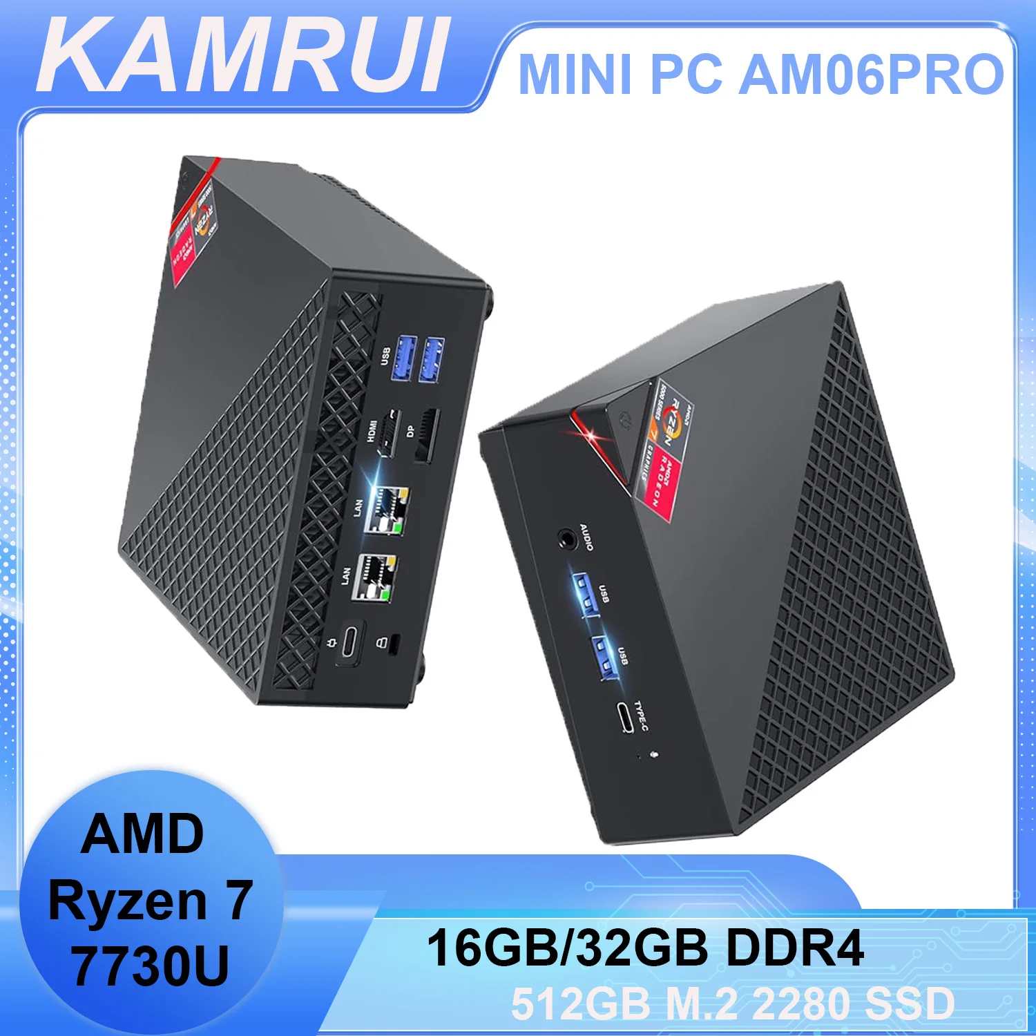 Mini Gaming PC AMD Ryzen 7 7730U 32/16GB DDR4 512GB M.2 SSD Dual Chann up to 4.5Ghz Windows11PRO WiFi6 BT5.2 4K Desktop Computer