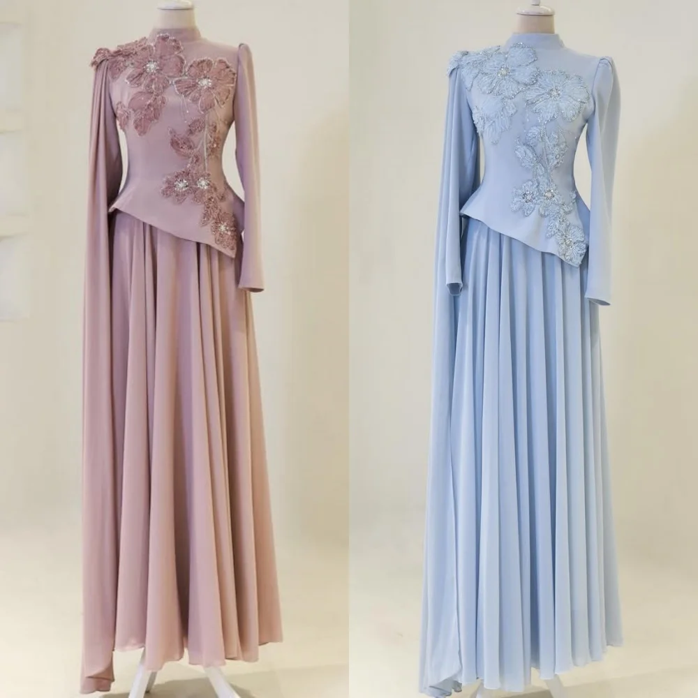 Customized Elegant Fashion Chiffon Handmade Flower Sequined Straight High Collar Long Dresses Bespoke Occasion Dresses Matching