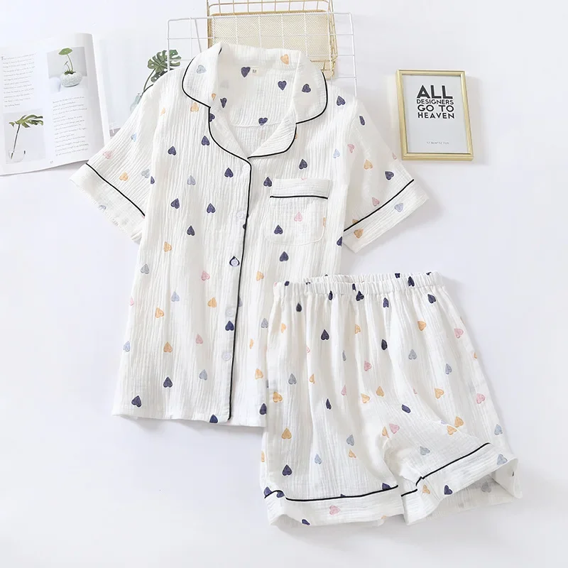 Pyjama d'été japonais en gaze de coton pour femmes, short à manches courtes, costume mignon en forme de cœur, section fine, costume de service à domicile pour femmes