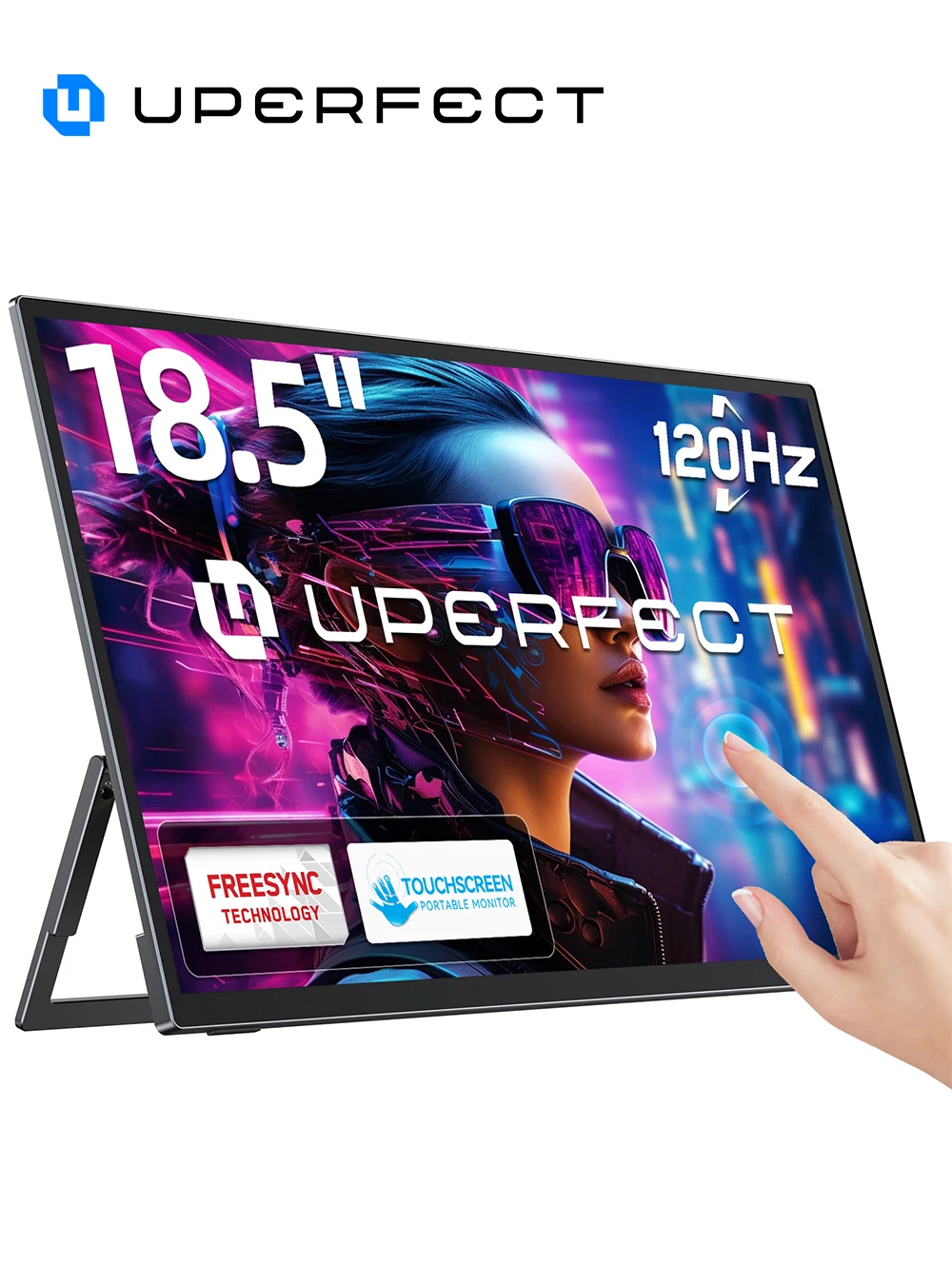 Moniteur portable UPERFECT Écran tactile 18,5 pouces 120 Hz avec support réglable VESA et 180° Ultra-mince et léger UHD FreeSync IPS HDR Écran de jeu USB C Deuxième moniteur de voyage pour ordinateur portable PC Mac