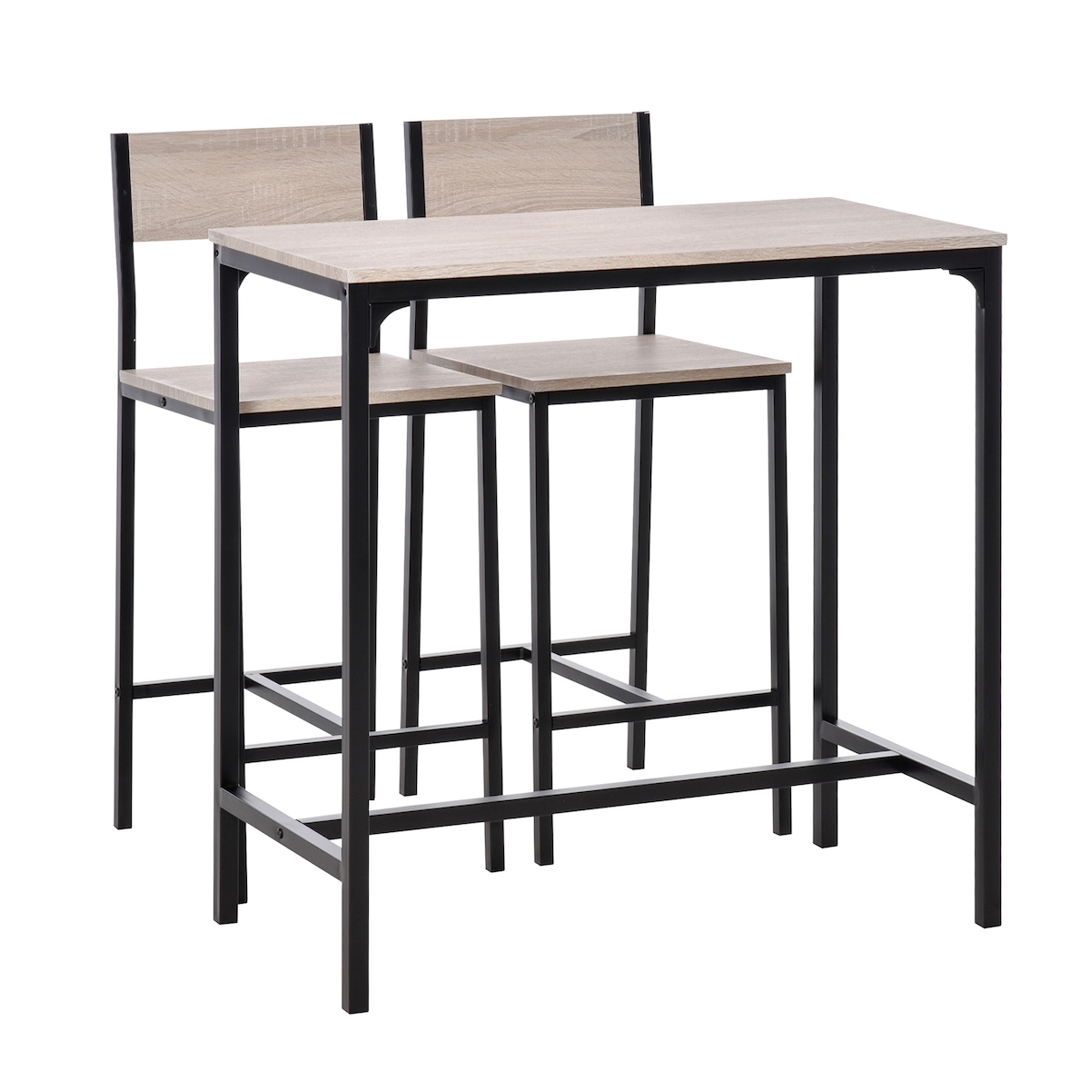 HOMCOM Bar-Set mit Tisch und 2 Hockern im Industrial-Stil, Metallgestell, für Küche und Wohnzimmer, in Natur und Schwarz
