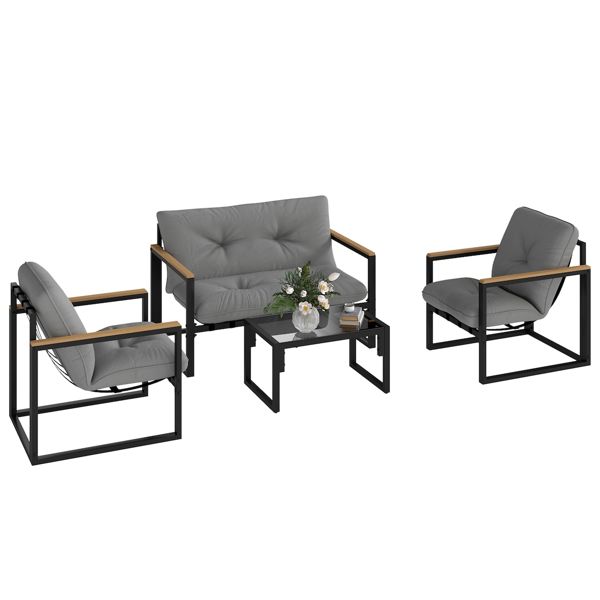 Outsunny 4-teiliges Gartenmöbel-Set mit einem Zweisitzersofa, 2 Sesseln mit Kissen und einem Couchtisch aus grauem Glas Image