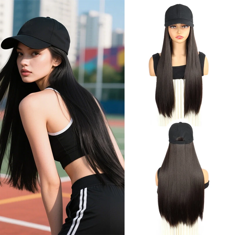24 Zoll Kpop Synthetische Lange Gerade Baseballkappen-Perücke, Verstellbar, Schwarz-Braun, Haarteil für Festivals, Damen Image