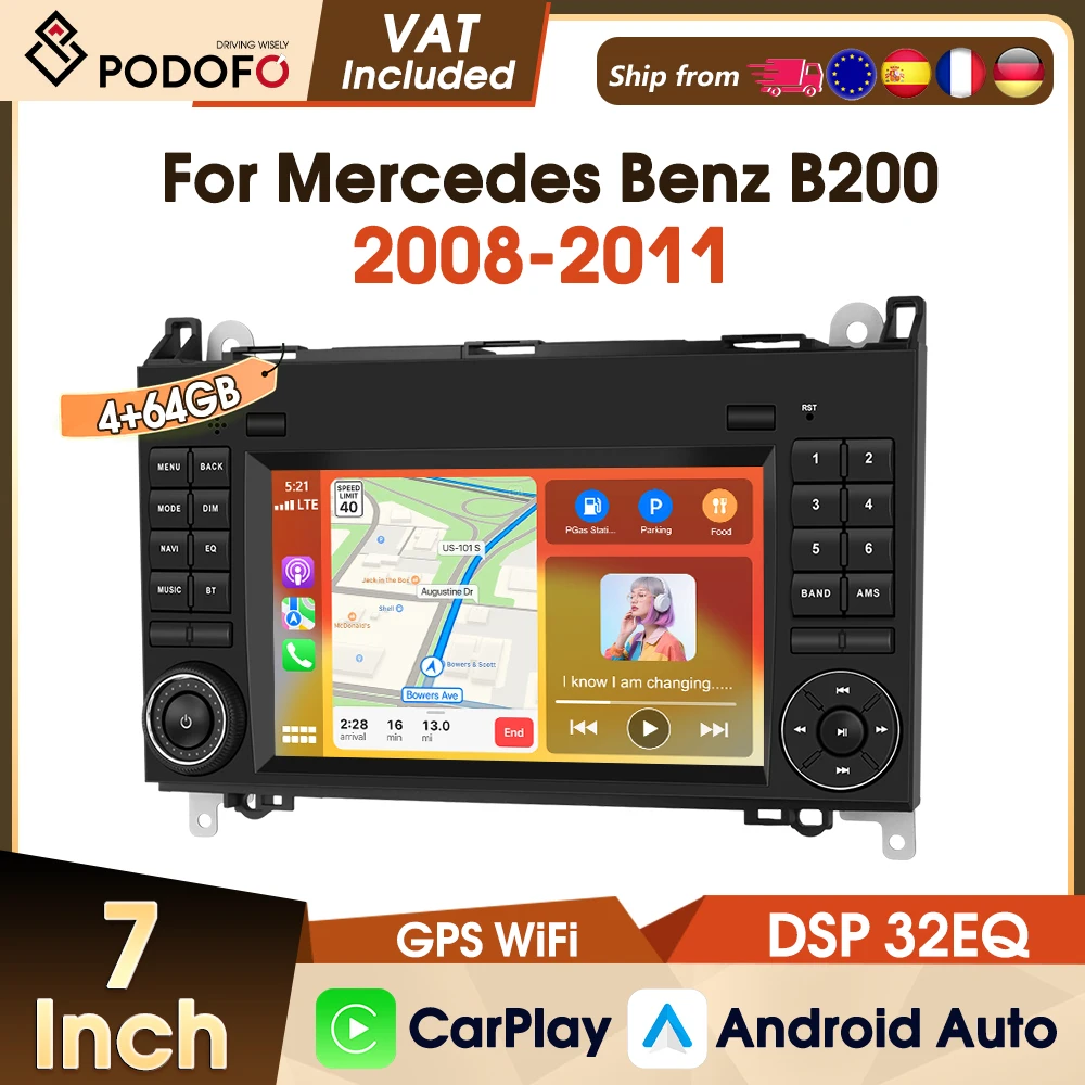 Podofo CarPlay Android Auto Radio für Mercedes Benz W169 W245 B200 W906 Sprinter W639 Vito WIFI GPS FM RDS 7 Zoll 2-DIN Autoradio Image