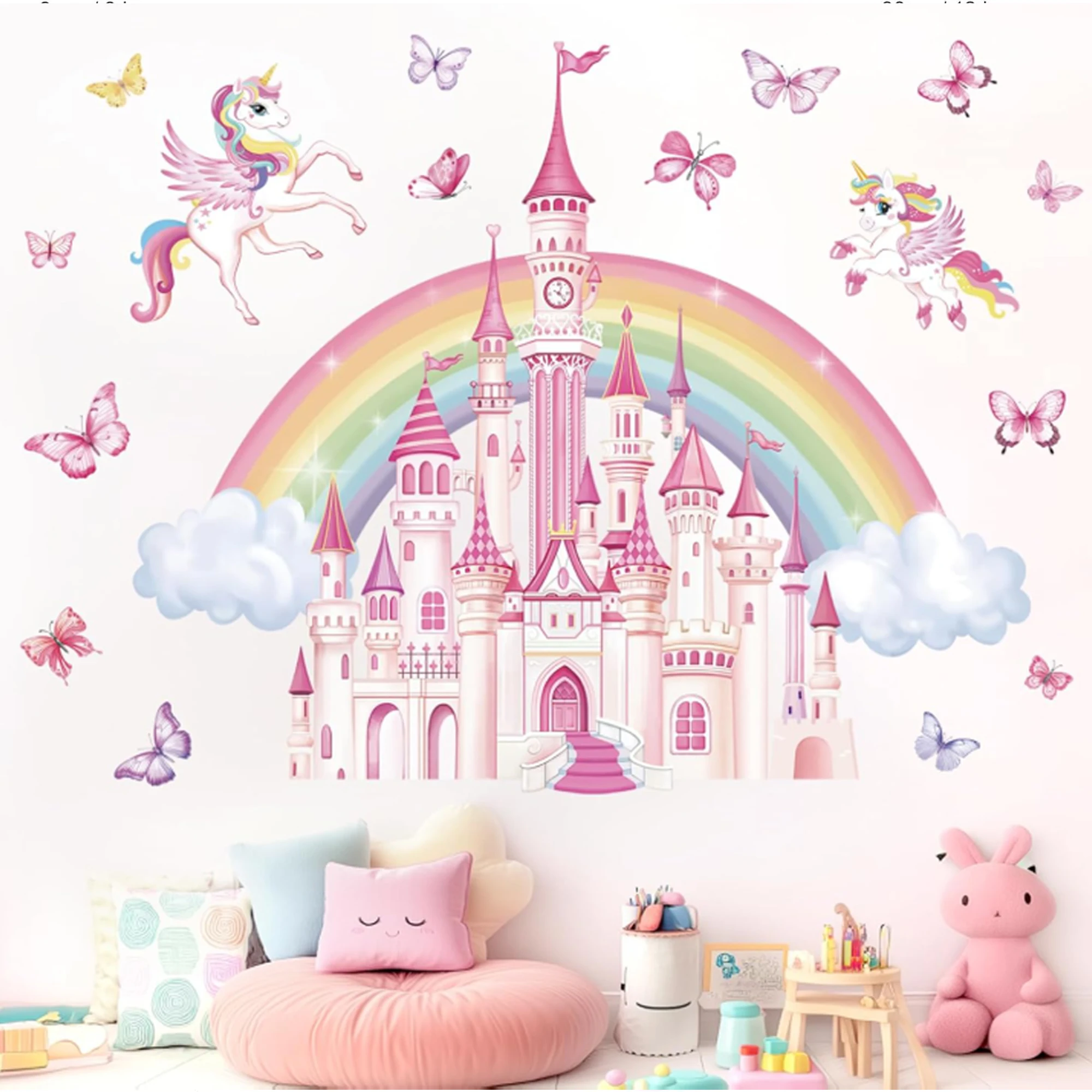 Prinzessinnen-Schloss & Einhorn Wandaufkleber - Regenbogen-Schmetterling Wandsticker Verspielte Rosa Wanddekoration für Mädchenzimmer Spielzimmer